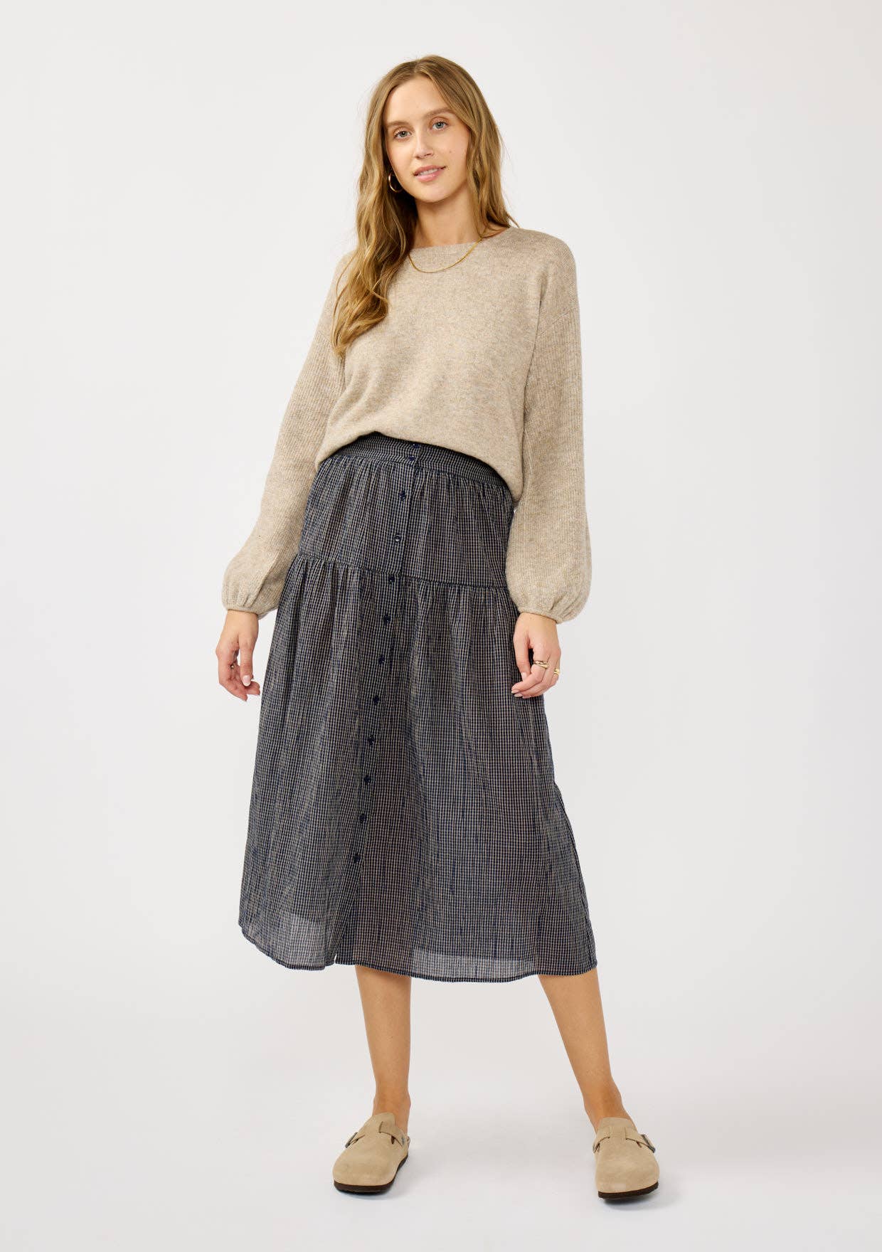 Checkered Button Down Skirt • Navy & Taupe