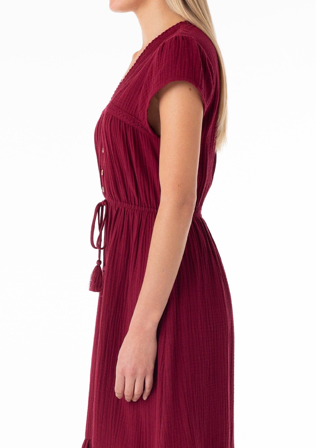 Embroidered Cotton Midi Dress • Merlot Red