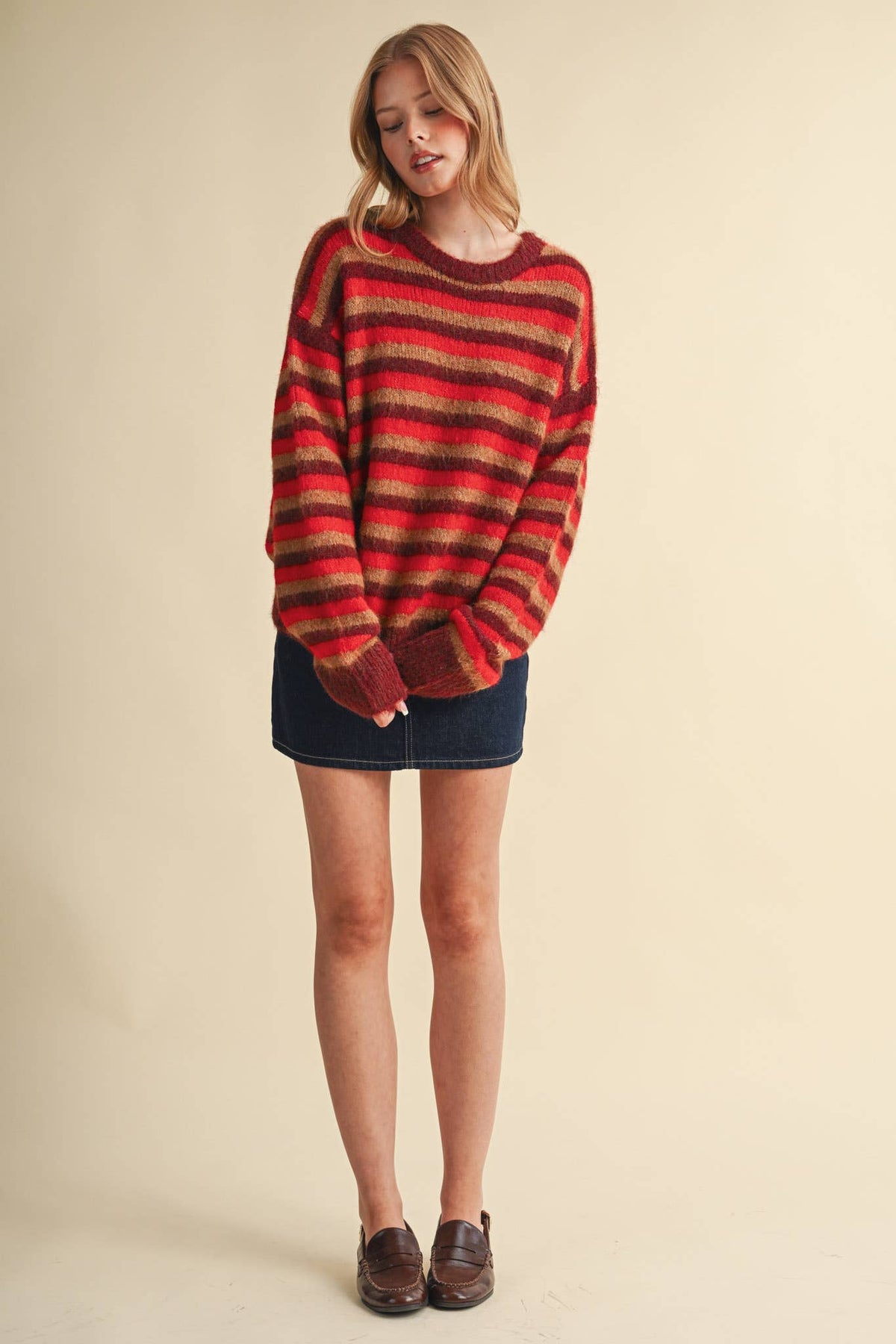 Striped Marled Sweater • Red Burgundy Tan