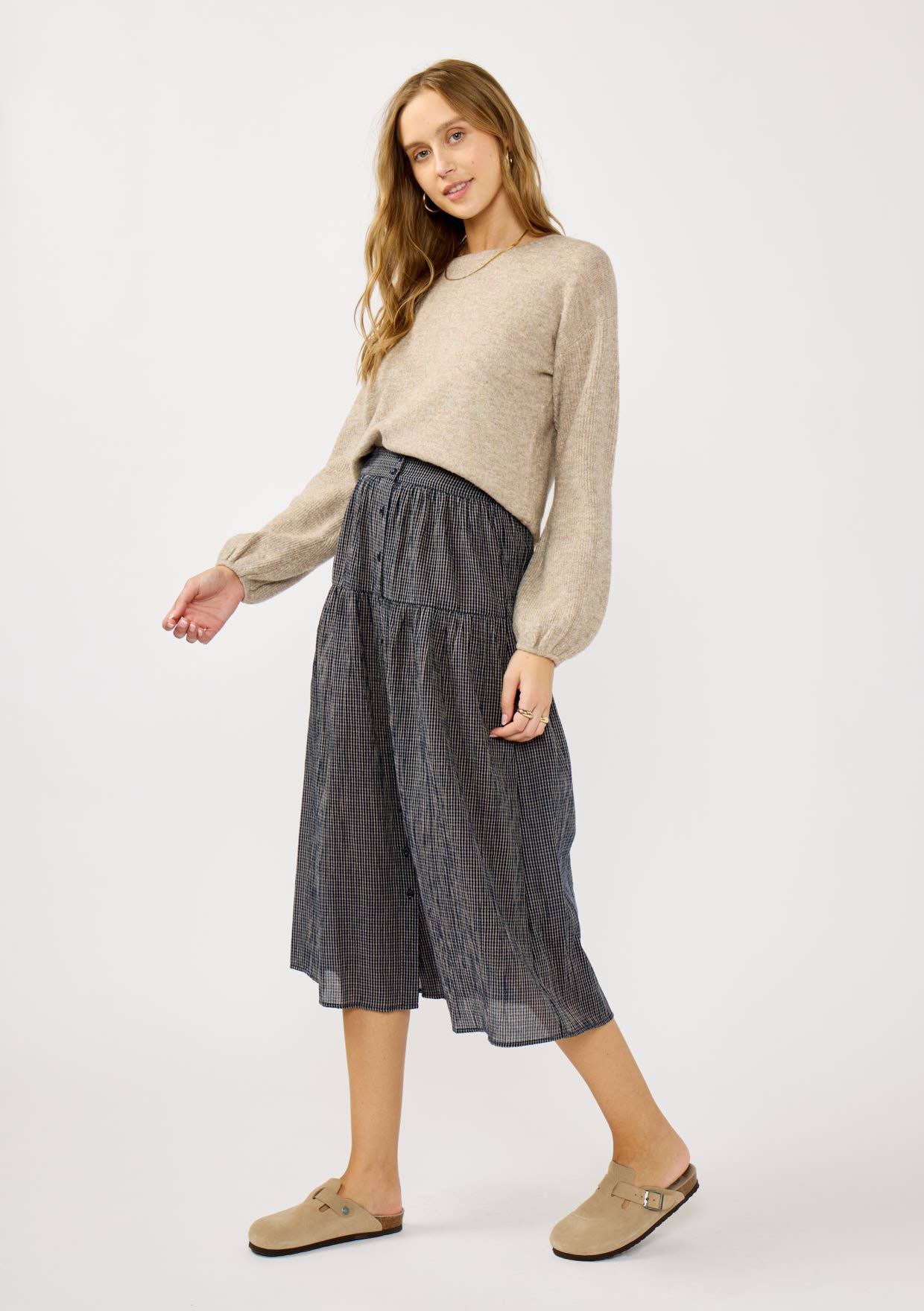 Checkered Button Down Skirt • Navy & Taupe