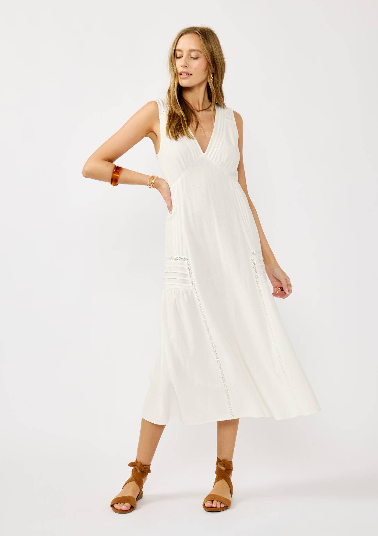 Lace Detail Linen Blend Midi Dress • White