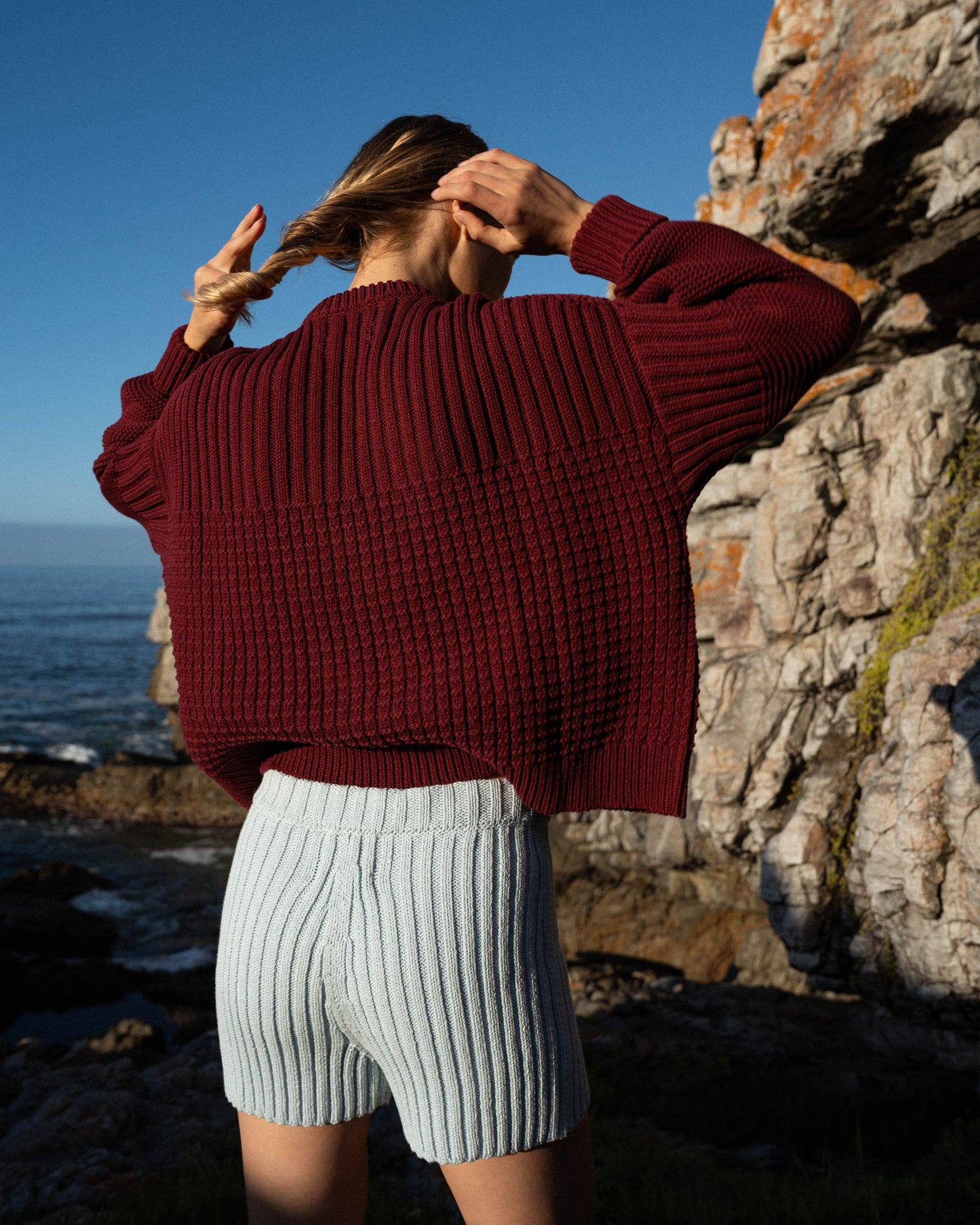 The Knotty Ones • Delčia Cotton Sweater •
Hellebore Burgundy