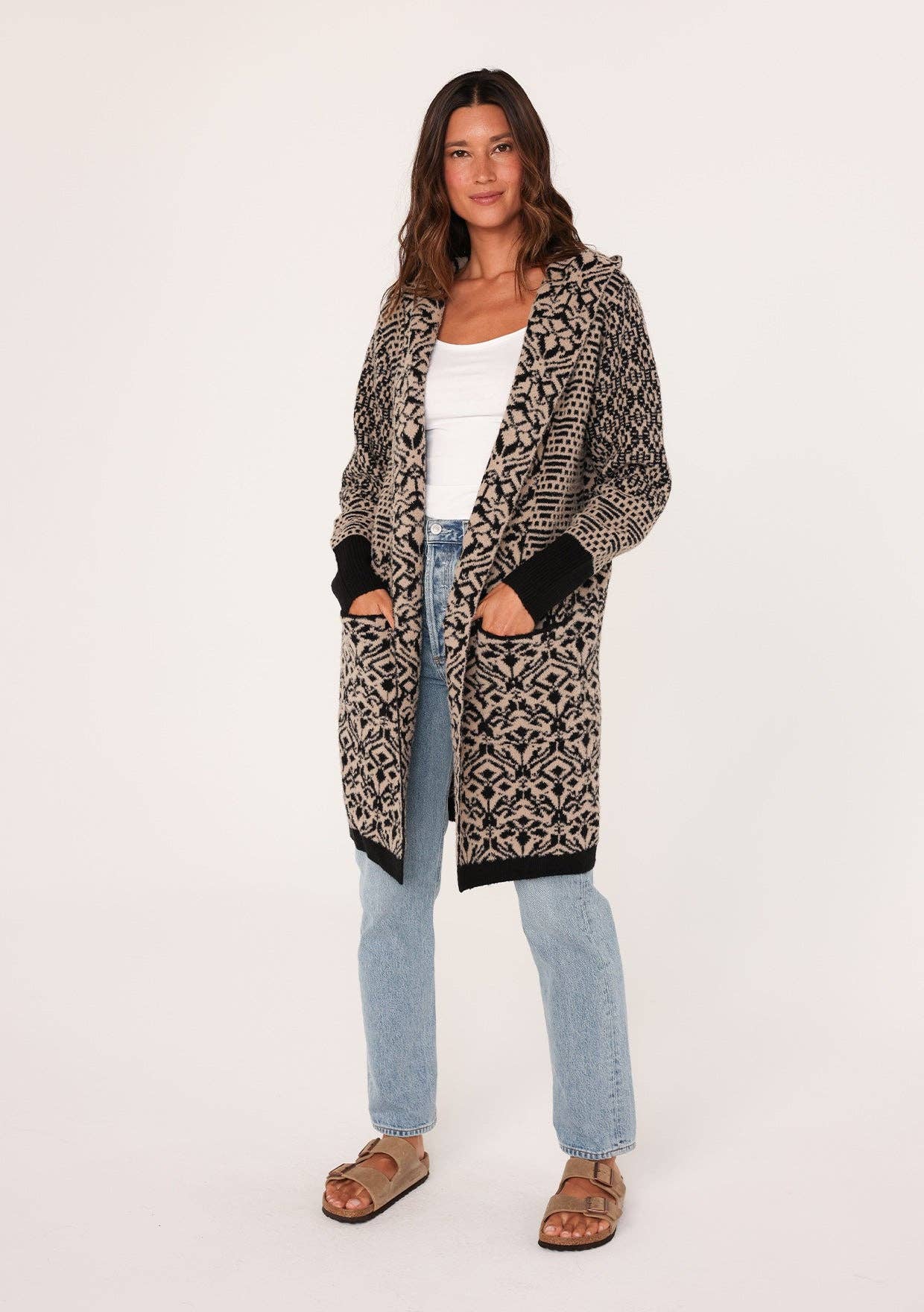 Patchwork Jacquard Hoodie Cardigan • Taupe & Black