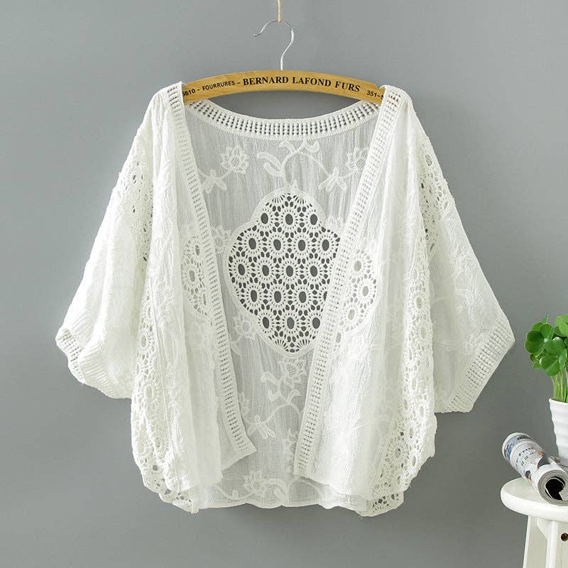 Lace Open Front Cardigan with Batwing Sleeves White