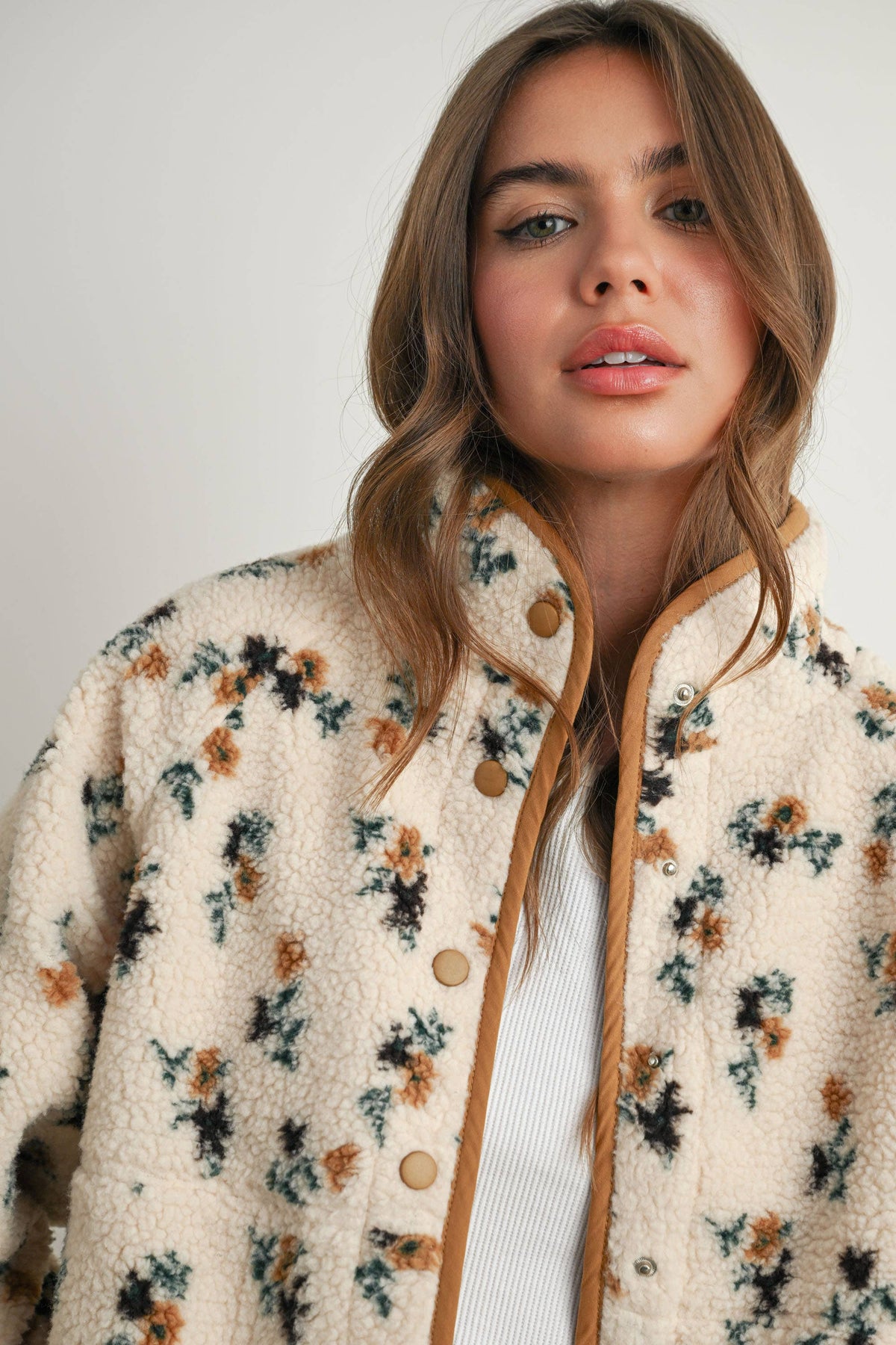 Floral Sherpa Fleece Jacket • Khaki & Cream