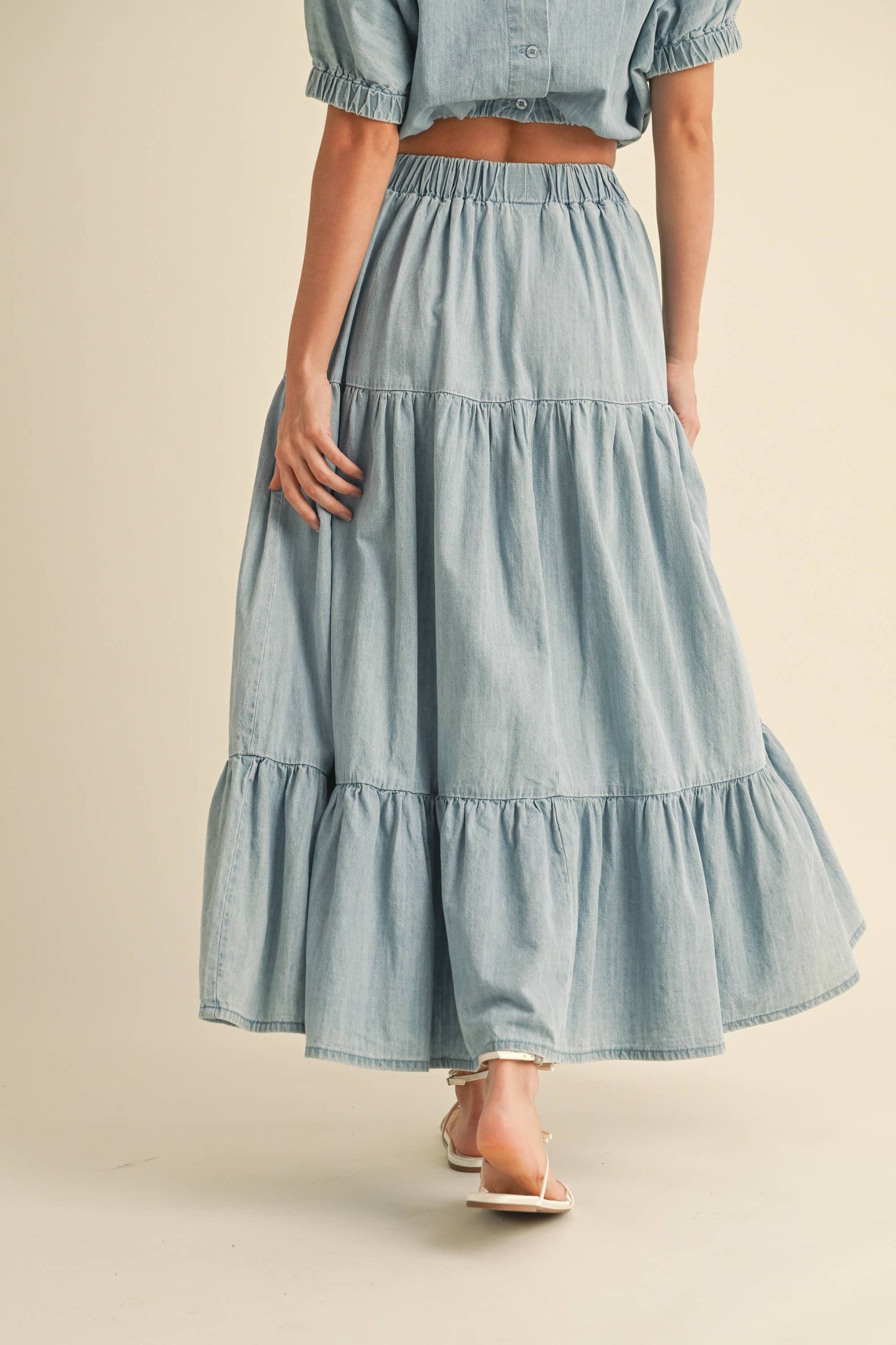 Tiered Denim Midi Skirt Light Wash