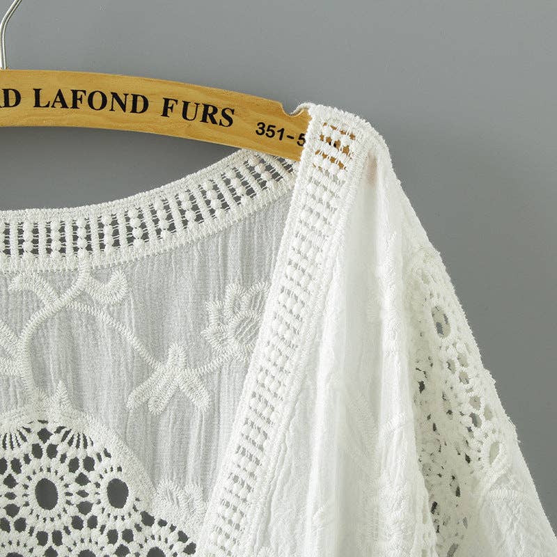 Lace Open Front Cardigan with Batwing Sleeves White