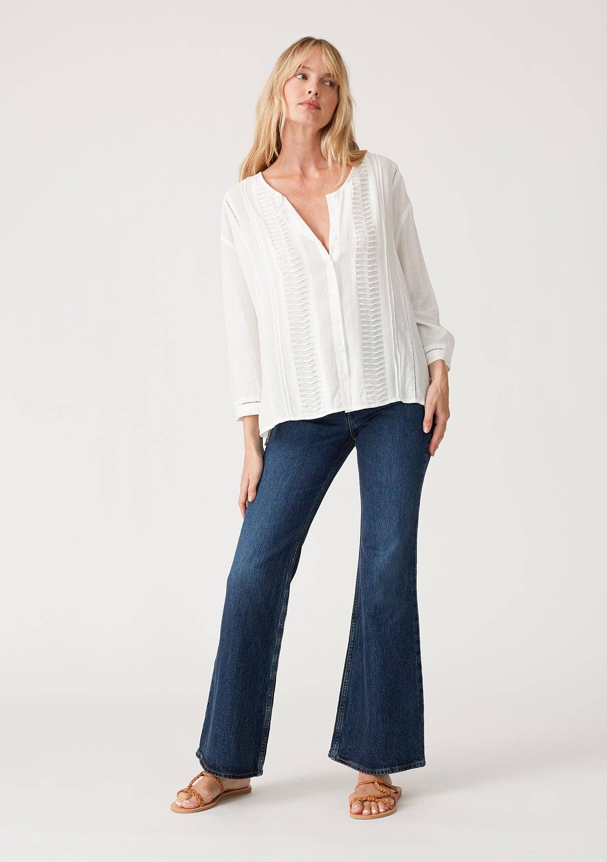 Linen Blend Button Down Pleated Blouse • White