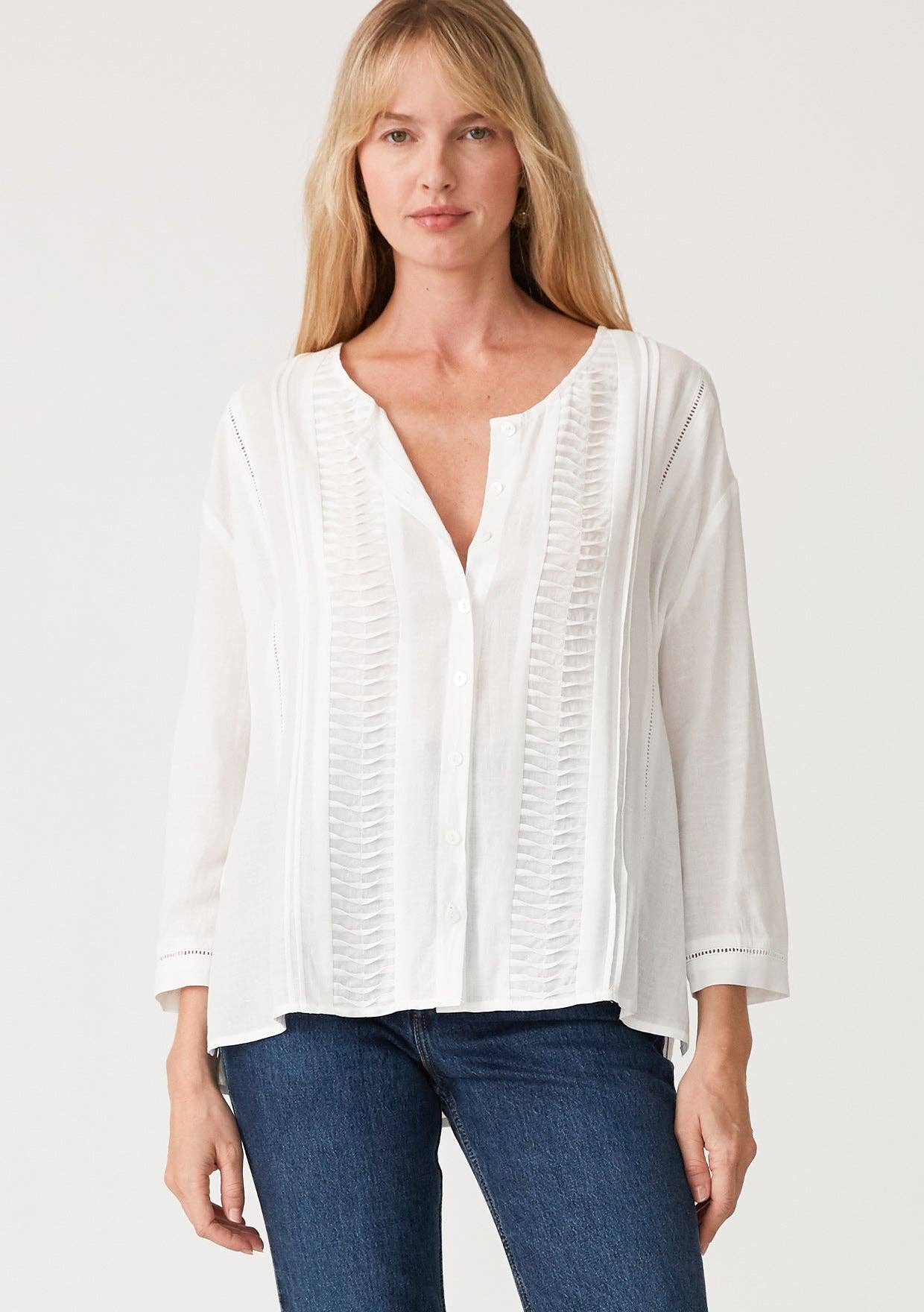 Linen Blend Button Down Pleated Blouse • White