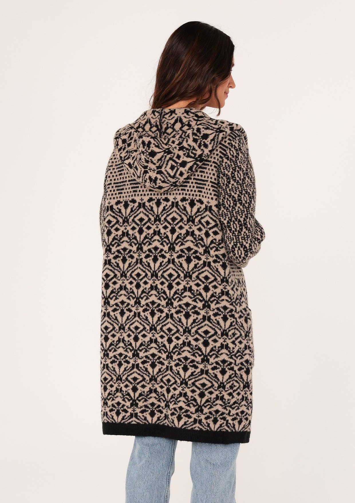 Patchwork Jacquard Hoodie Cardigan • Taupe & Black
