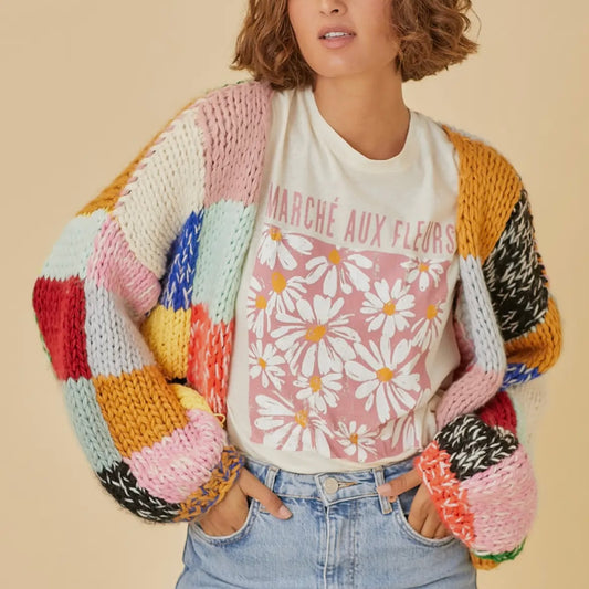 Colorblock Chunky Knit Cardigan Sweater • Multi Colored