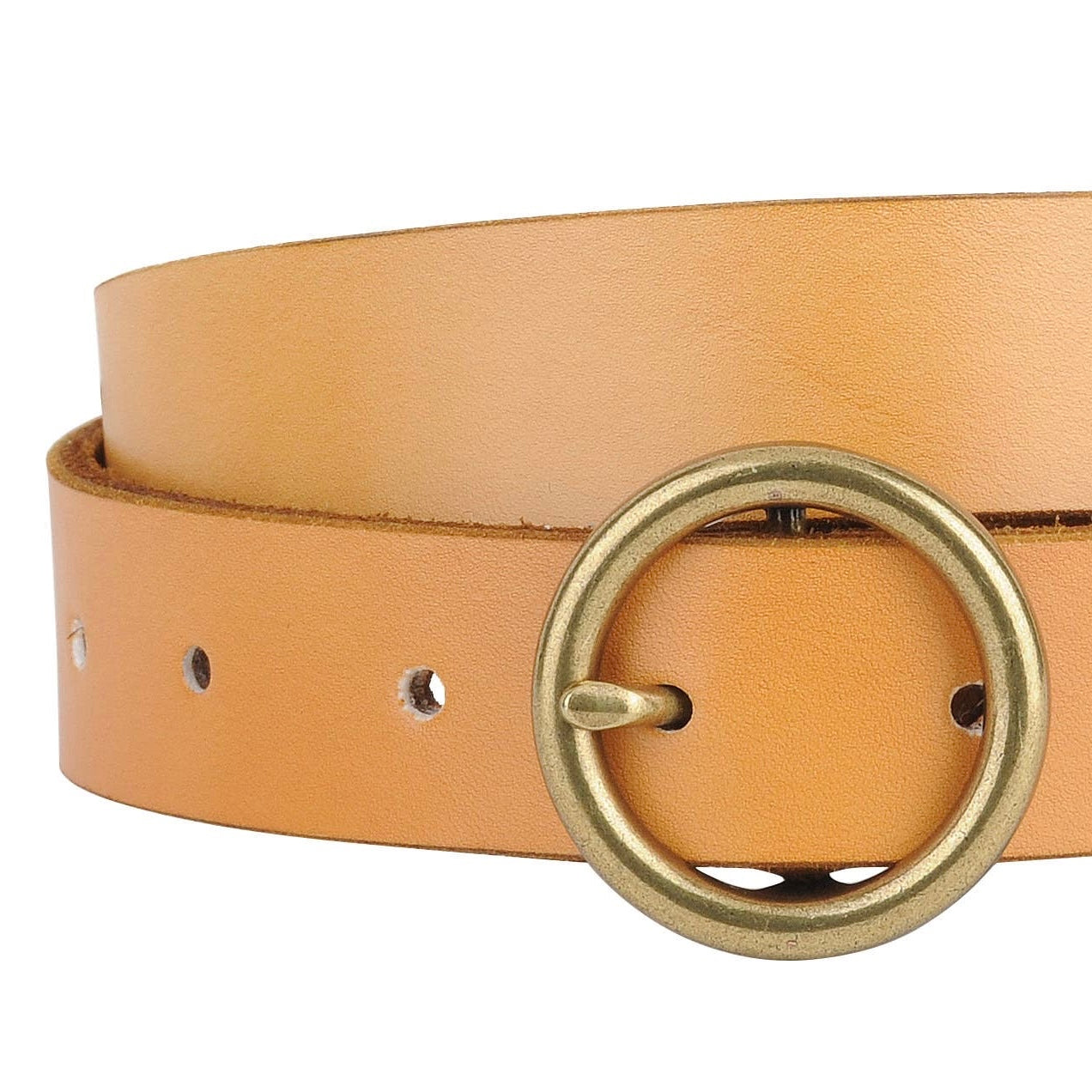 Brass-Toned Circle Buckle Leather Belt • Camel