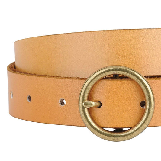 Brass-Toned Circle Buckle Leather Belt • Camel