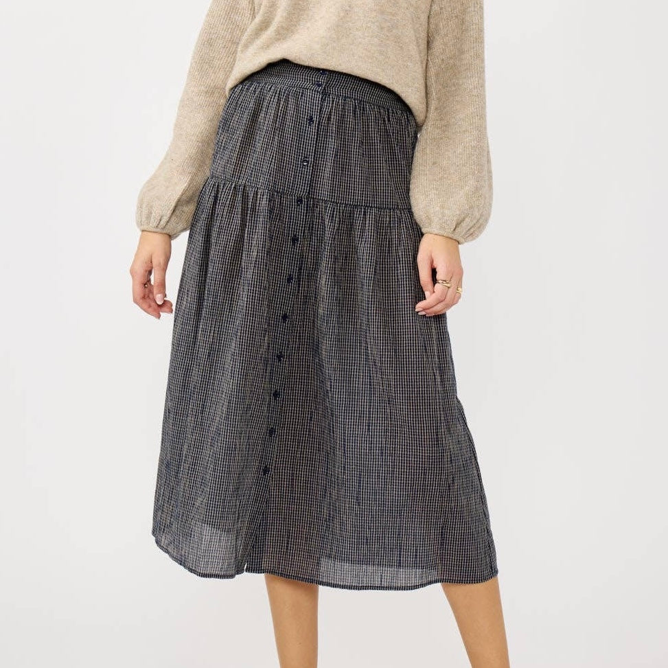 Checkered Button Down Skirt • Navy & Taupe