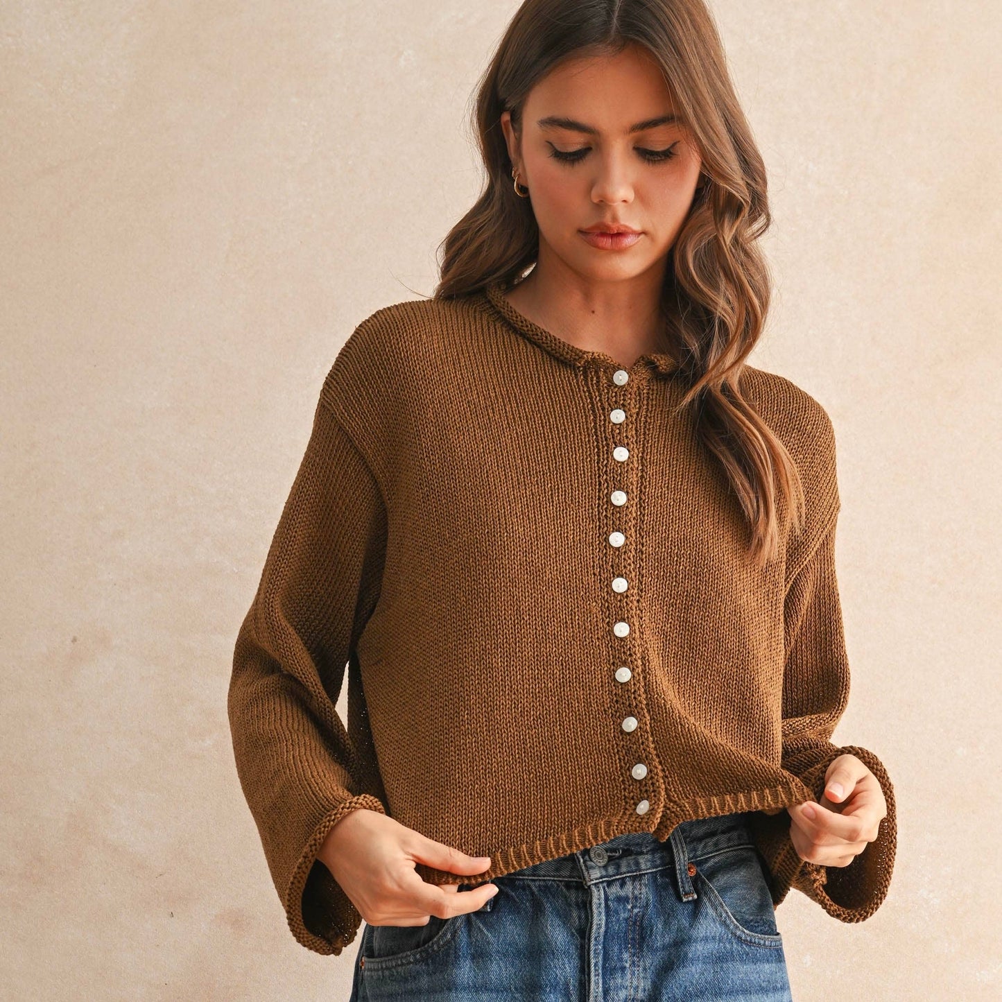 Lightweight Cotton Crop Cardigan Earthy Chocolate Brown