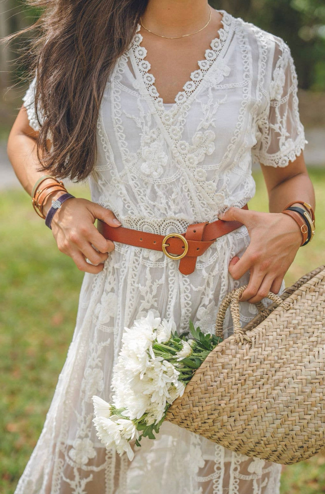 Brass Circle Buckle Leather Belt • Tan