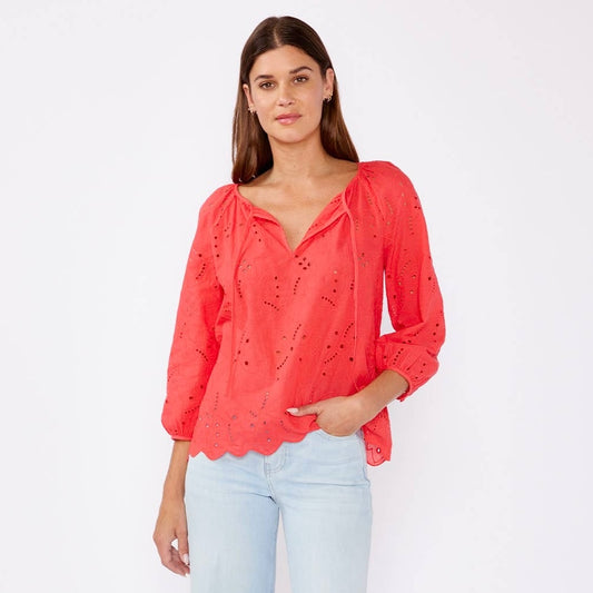 Raglan Long Sleeve Blouse with Floral Eyelet Details • Coral