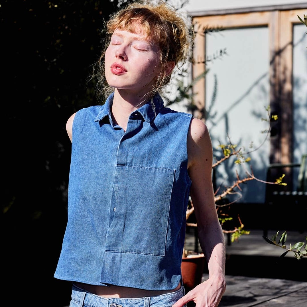 Collared Button Down Sleeveless Top • Denim