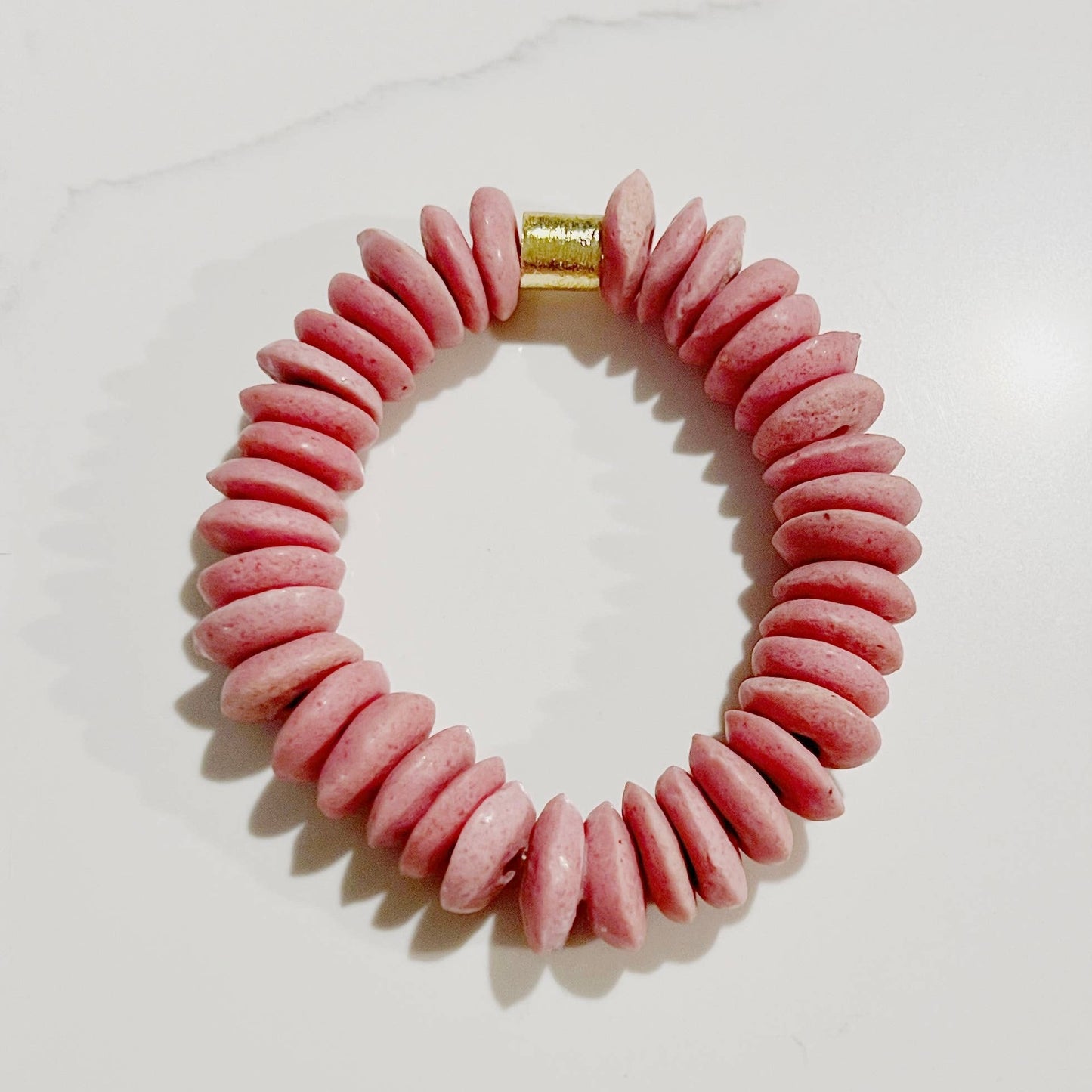 Handmade Ashanti Glass Bead Stretch Bracelet • Pink & Gold