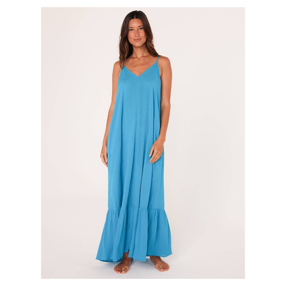 Billowy Bohemian Sleeveless V-Neck Maxi Dress: Turquoise / M/L