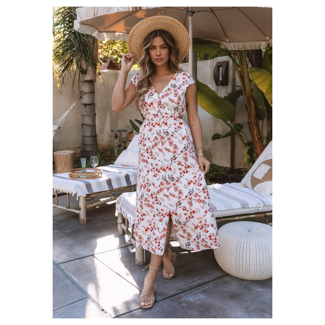 Floral Cap Sleeve Button Down Cut Out Midi Dress • Natural & Rose