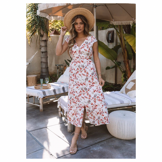Floral Cap Sleeve Button Down Cut Out Midi Dress • Natural & Rose