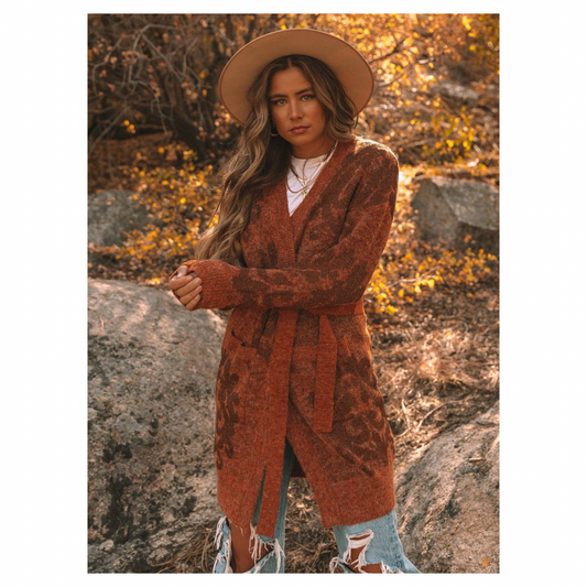 Metallic Floral Belted Cardigan • Rust