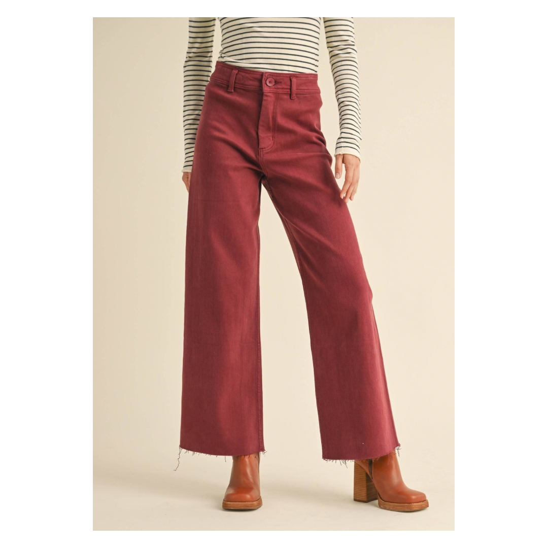 High Waist Wide Leg Denim Pants • Maroon Red