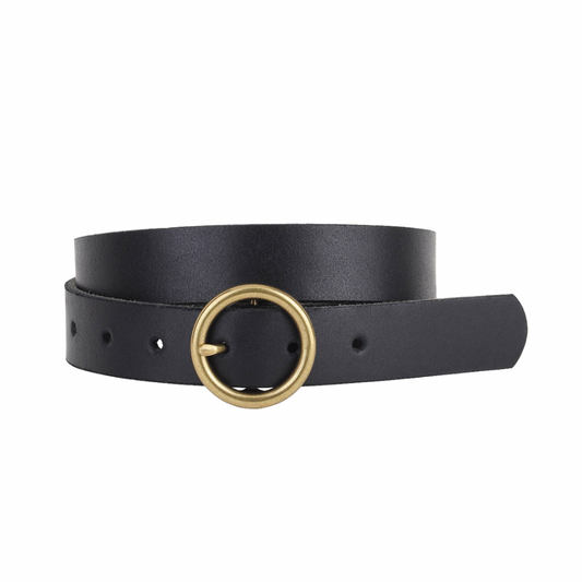 Brass-Toned Circle Buckle Leather Belt • Black