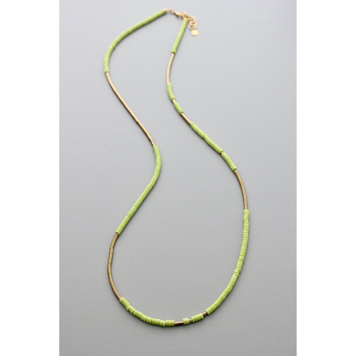Long Beaded Necklace Magnesite & Hematite Lime Green