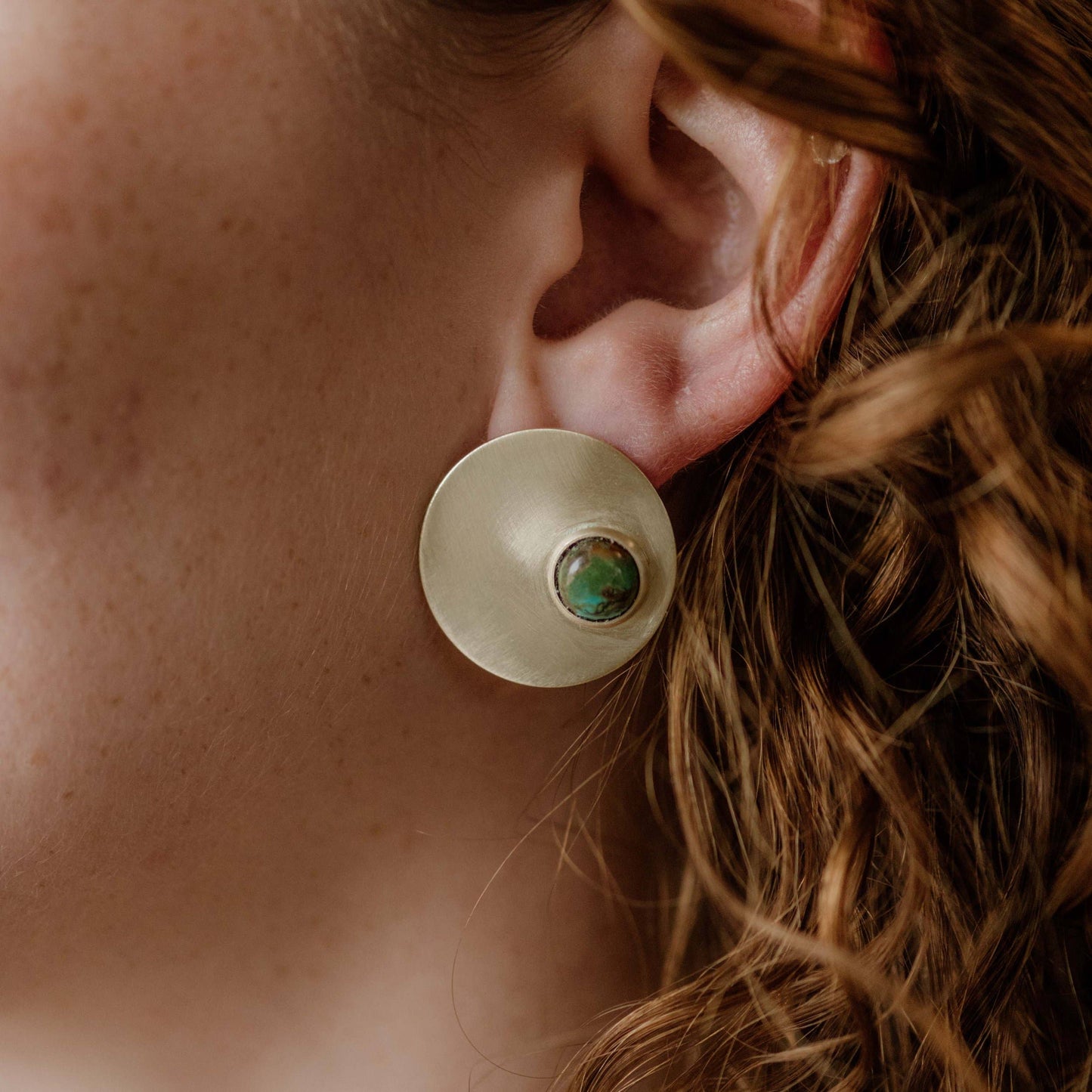 Orb Studs, Brushed Brass Disc, Turquoise and Copper Obsidian: Turquoise