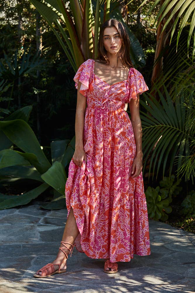 Floral Sweetheart Maxi Dress • Orange & Pink