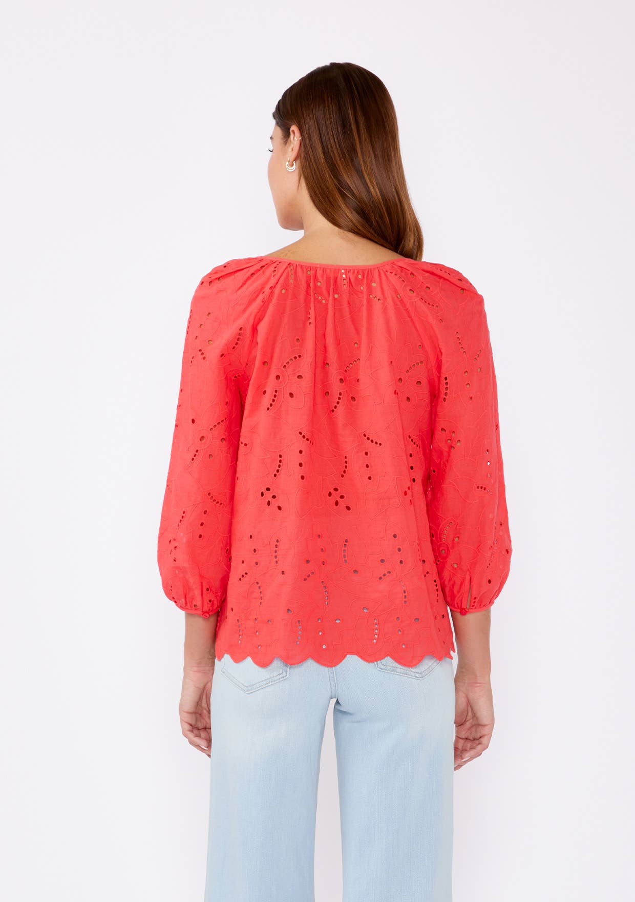 Raglan Long Sleeve Blouse with Floral Eyelet Details • Coral