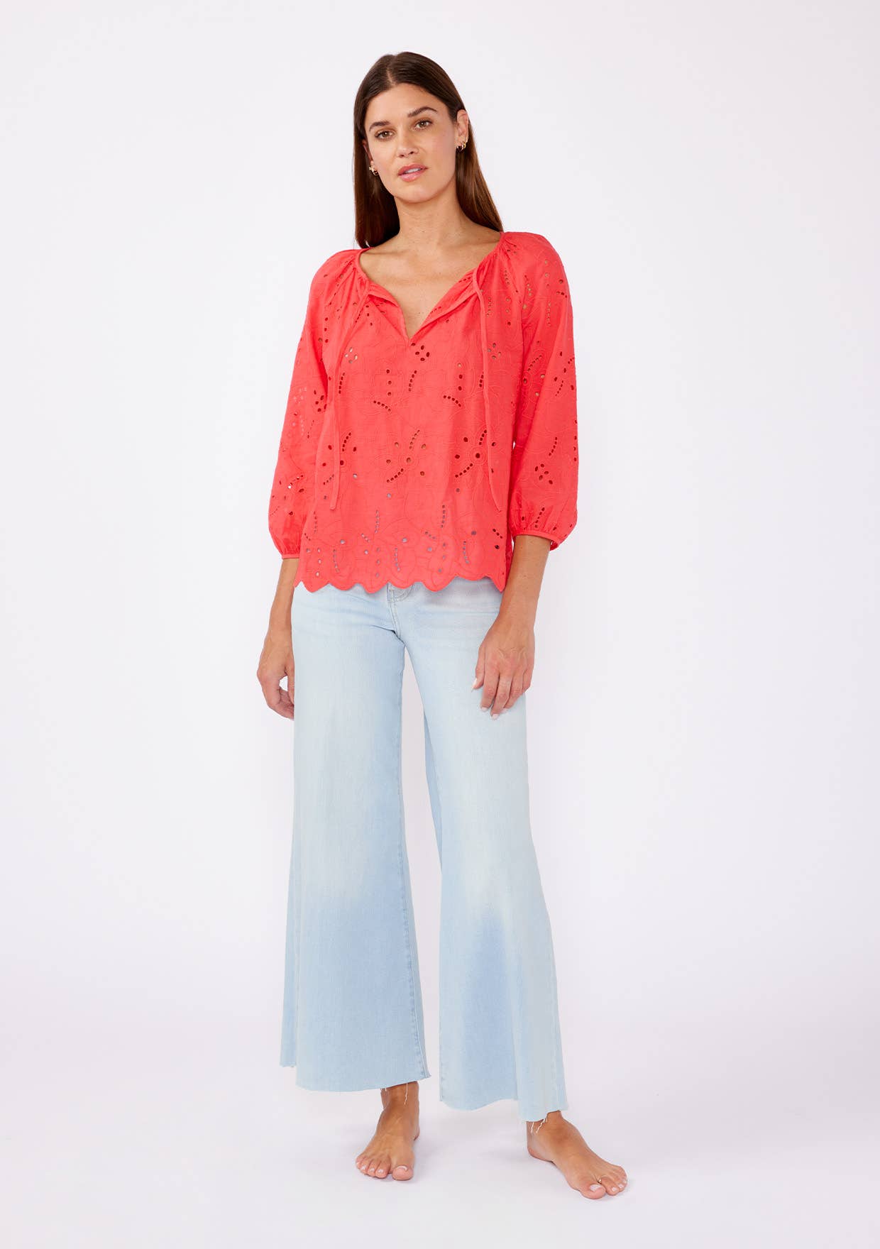 Raglan Long Sleeve Blouse with Floral Eyelet Details • Coral