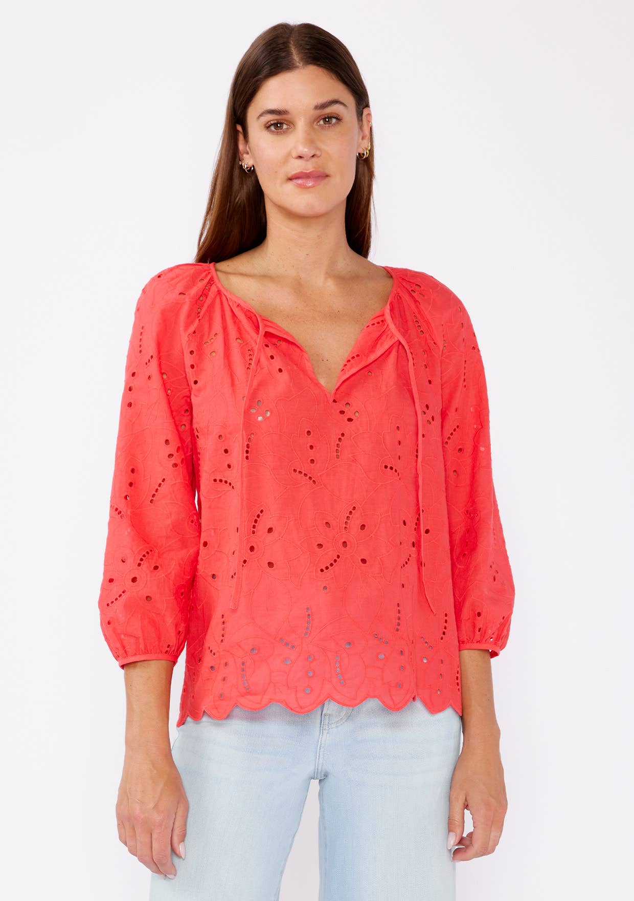 Raglan Long Sleeve Blouse with Floral Eyelet Details • Coral