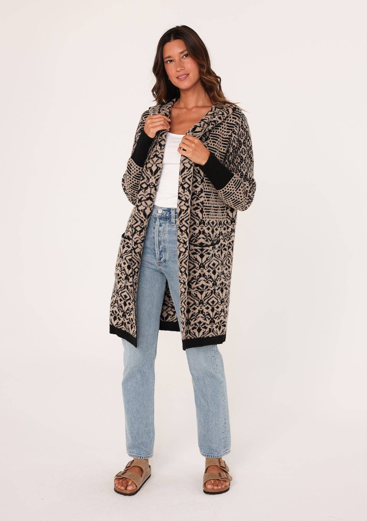 Patchwork Jacquard Hoodie Cardigan • Taupe & Black