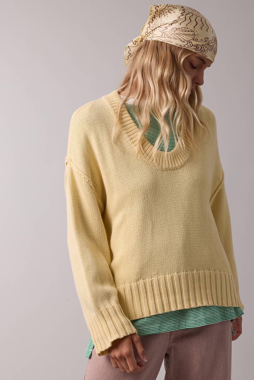 Oversized Scoop Neck Cotton Sweater Light Yellow