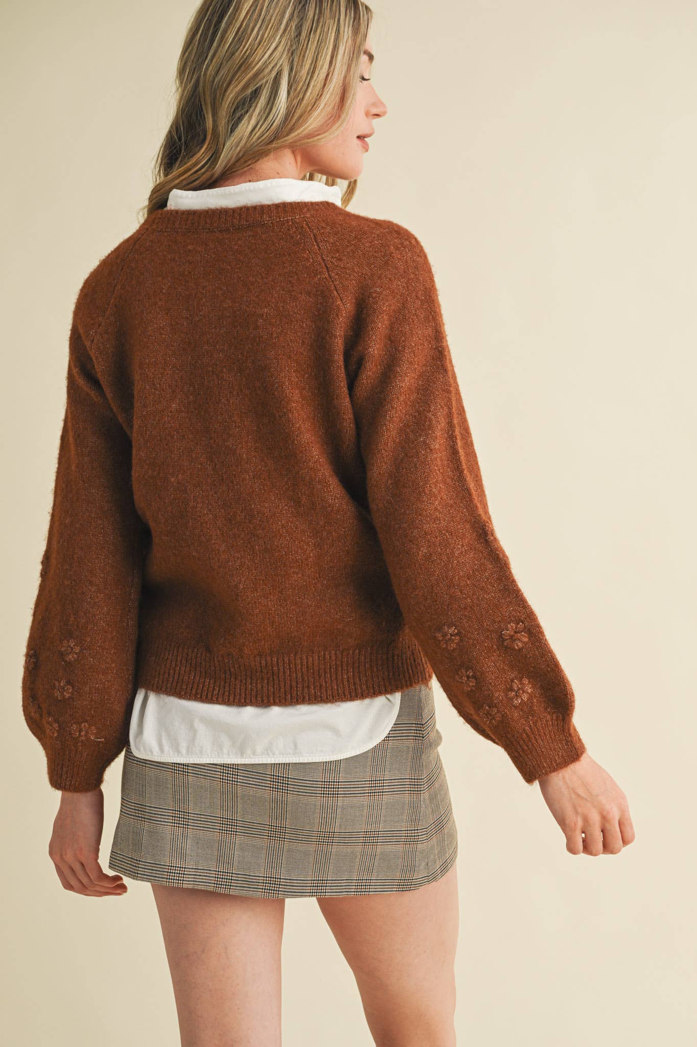 Floral Puff Sleeve Sweater Brown