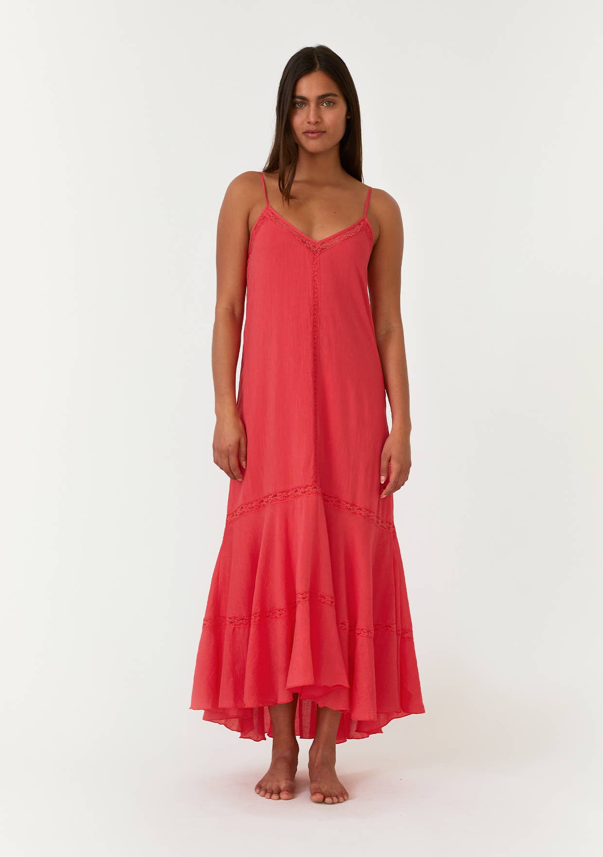 Sleeveless High-Low Lace Maxi Dress • Hibiscus Red