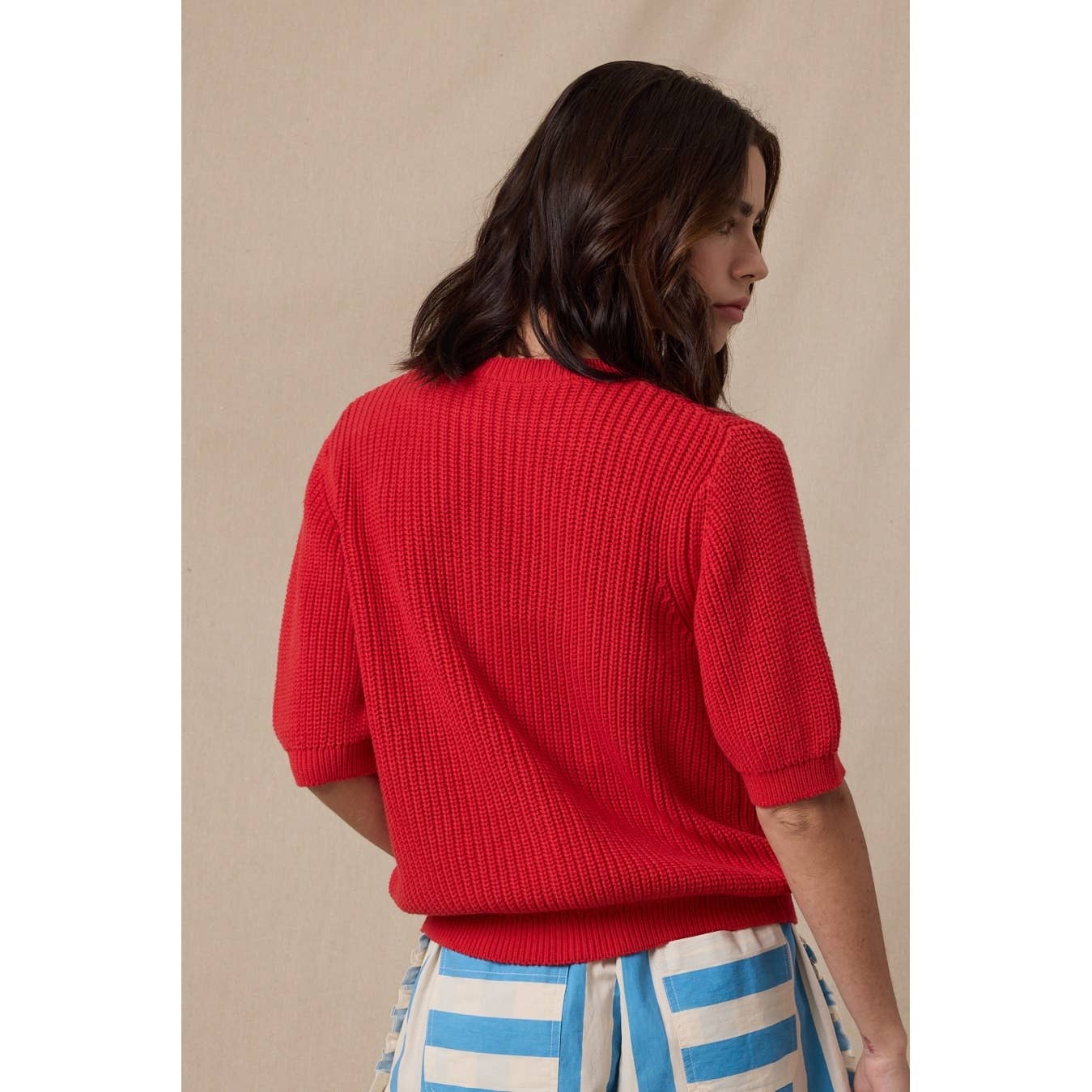Short Sleeve Cotton Cardigan Sweater • Red
