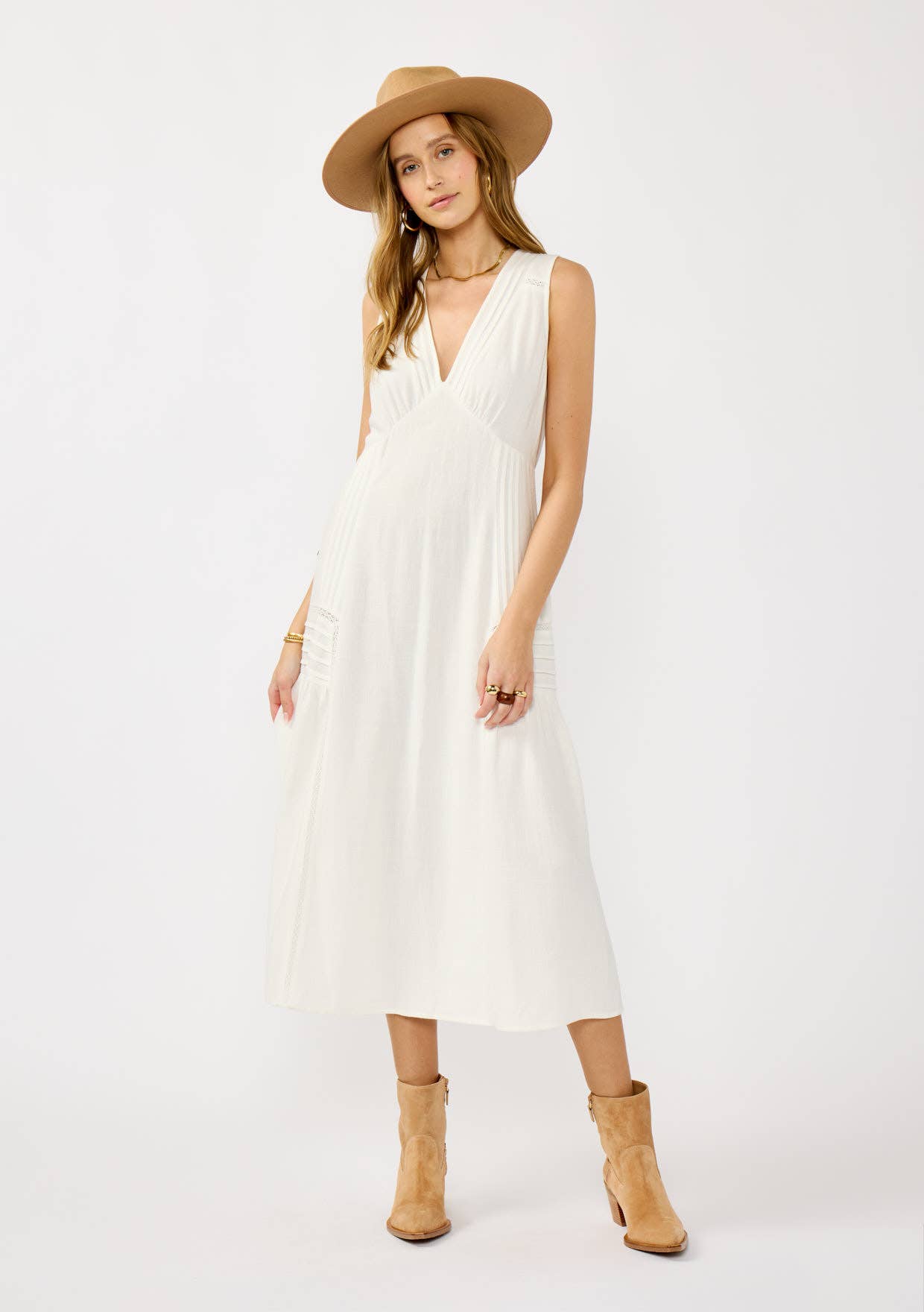 Lace Detail Linen Blend Midi Dress • White