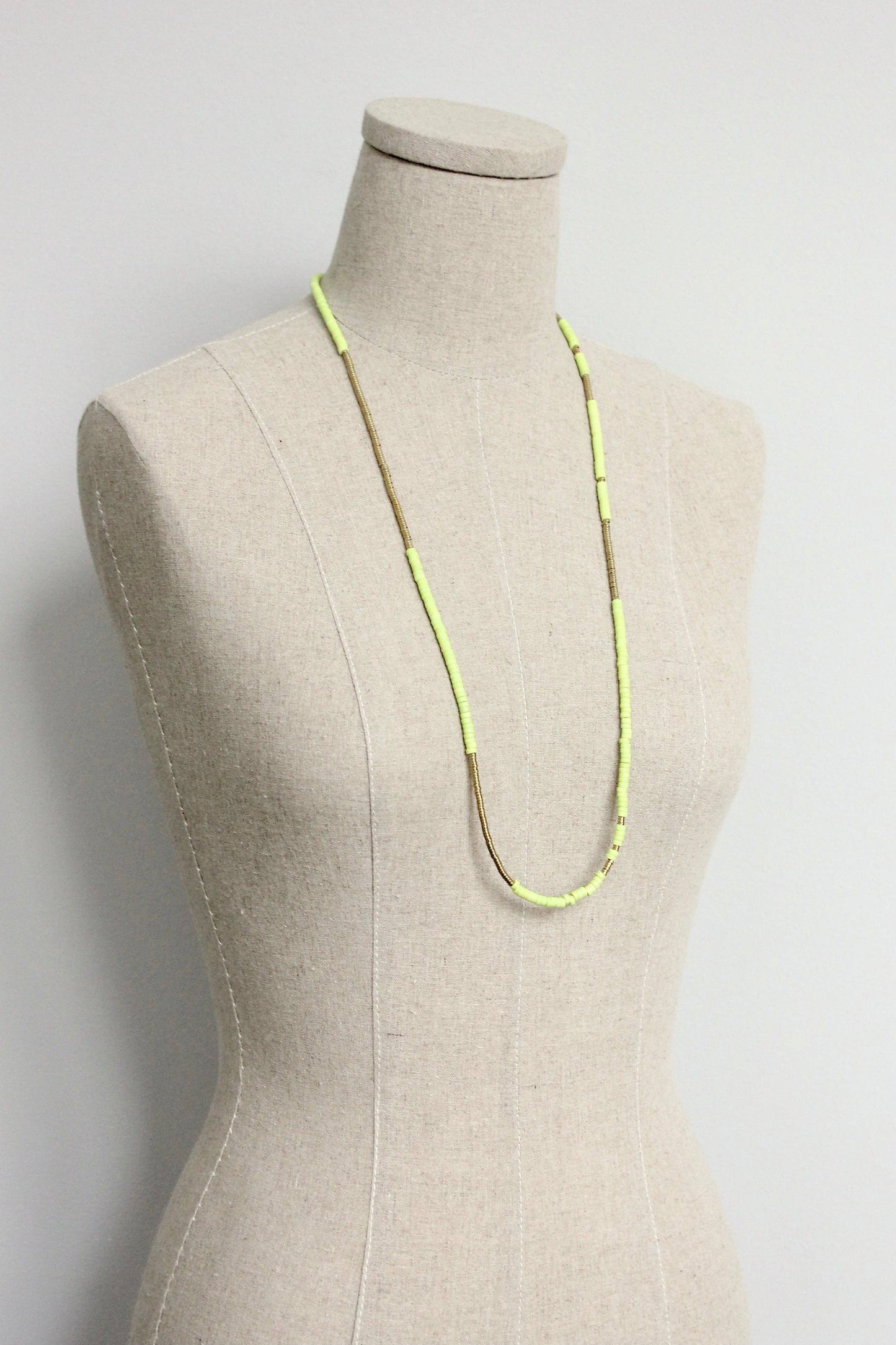 Long Beaded Necklace Magnesite & Hematite Lime Green