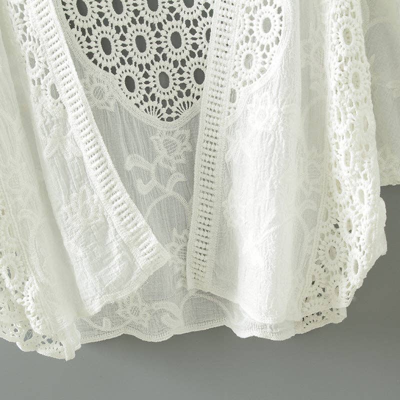 Lace Open Front Cardigan with Batwing Sleeves White