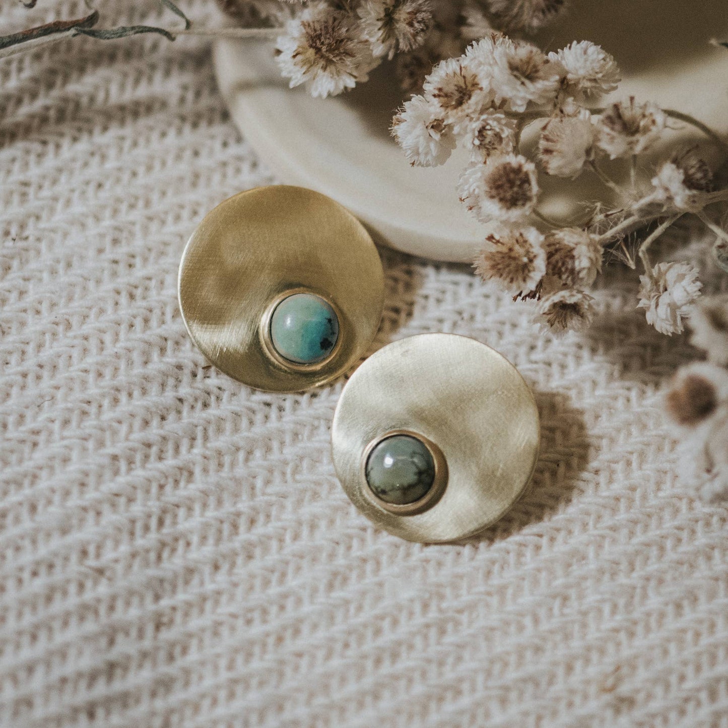 Orb Studs, Brushed Brass Disc, Turquoise and Copper Obsidian: Turquoise