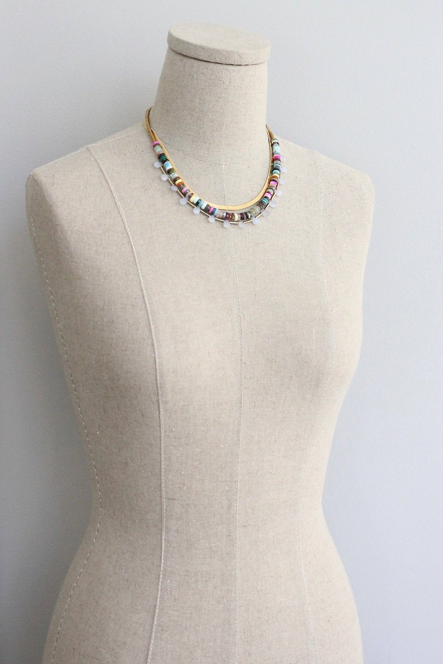 Triple Strand Multicolored Beaded Necklace Gold