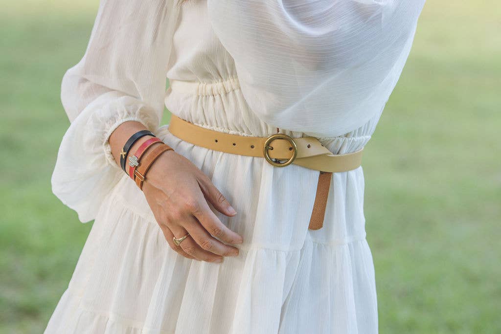 Brass-Toned Circle Buckle Leather Belt • Camel
