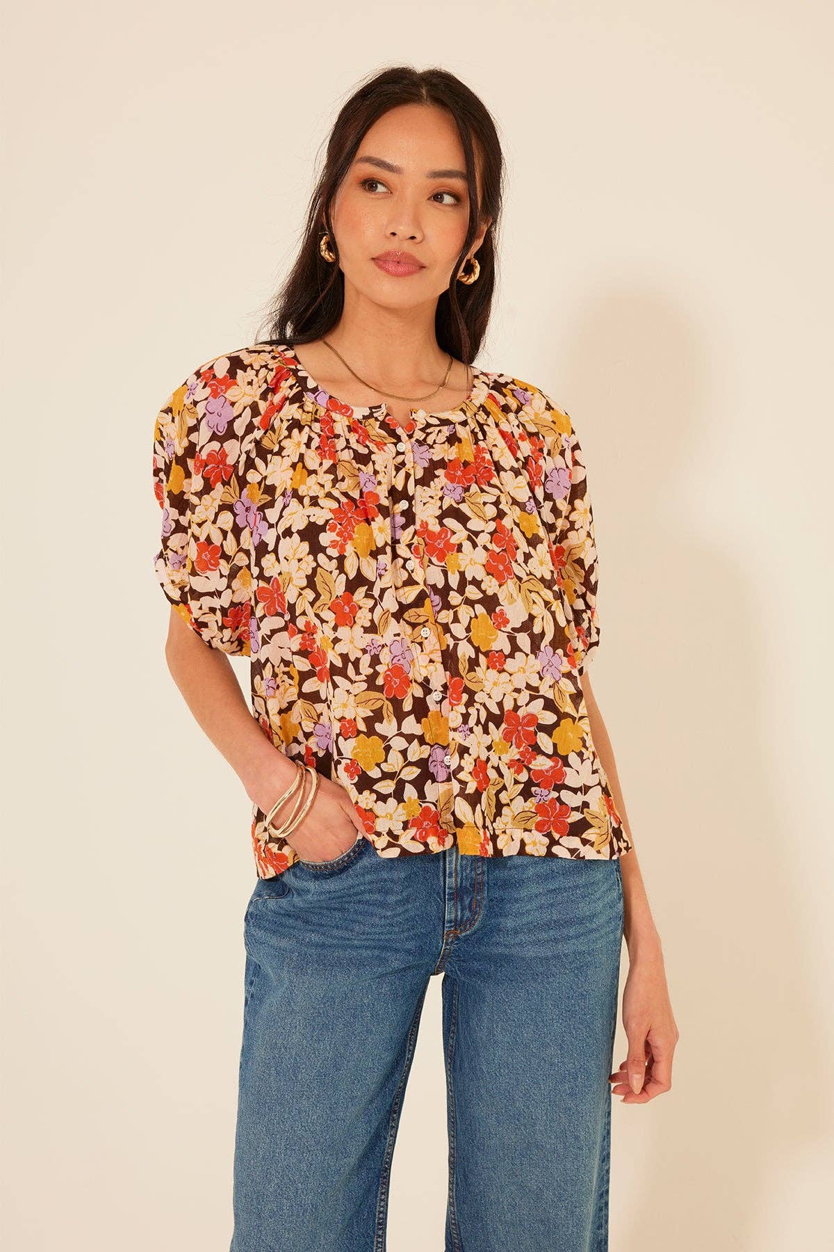 Pavia Top • Floral Cream Brown
