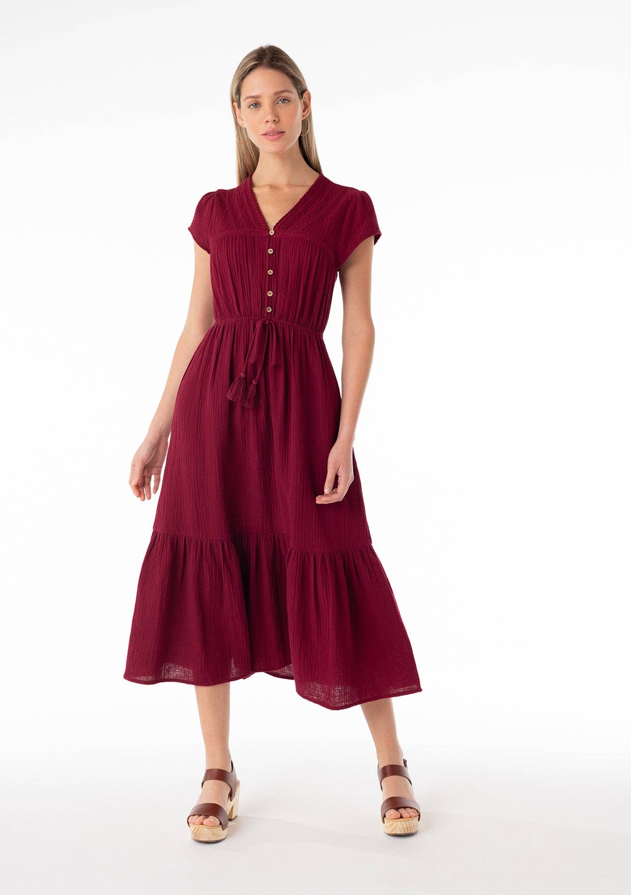 Embroidered Cotton Midi Dress • Merlot Red