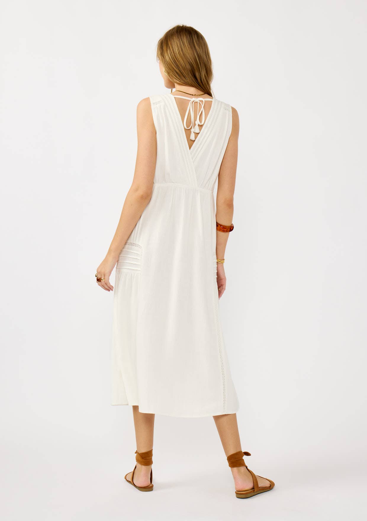 Lace Detail Linen Blend Midi Dress • White