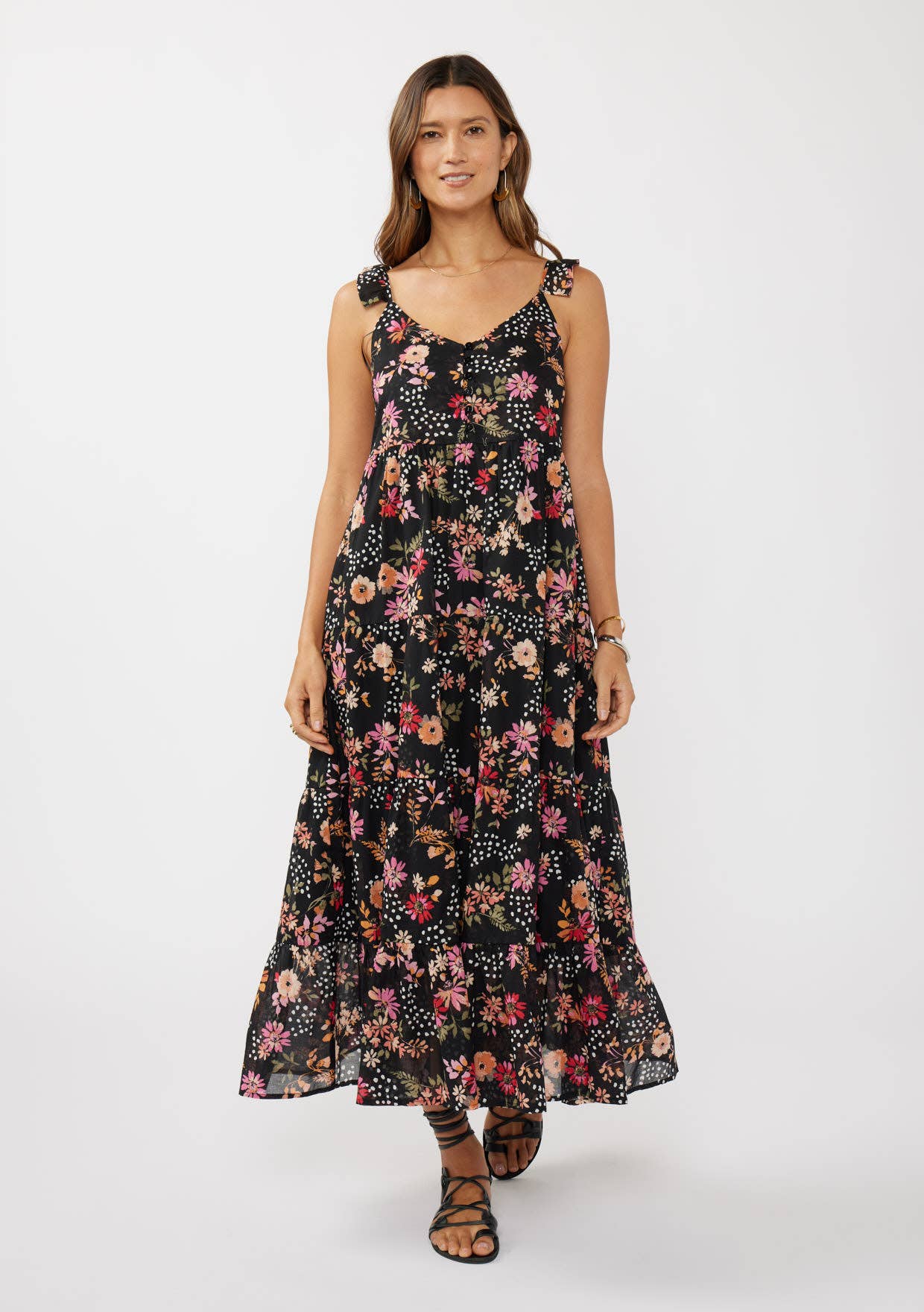 Ruffle Strap V-Neck Tiered Maxi Dress • Black & Dusty Rose
